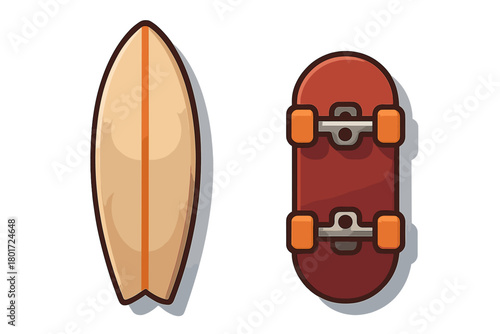 Surfboard and skateboard icons displayed side by side