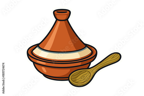 Earthenware cooking pot with conical lid and wooden spoon for culinary use