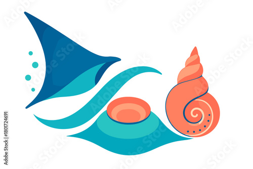 Stylized marine life composition featuring manta ray and seashell elements