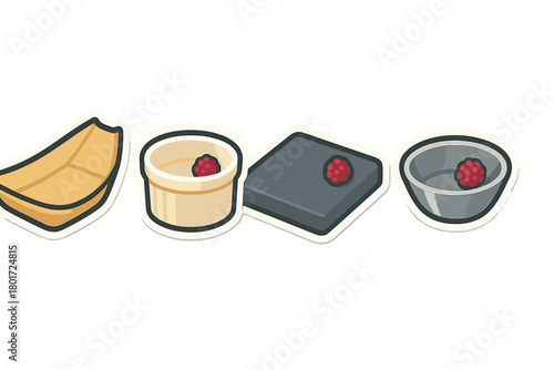 Assortment of Japanese food serving containers with raspberry garnish