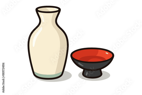 Traditional Japanese sake carafe and serving cup set for beverage