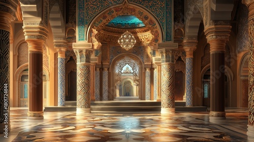 Grand hall with traditional Indian and Moroccan palace decor.