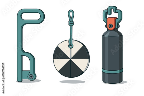 Diving gear components: handle, target marker, and compressed gas cylinder