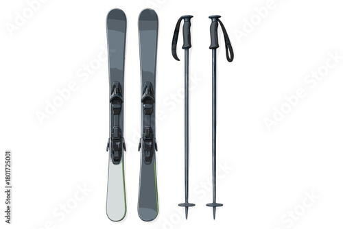Detailed set of gray downhill skis and dark blue ski poles isolated on white background