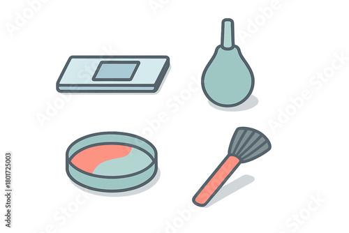 Collection of essential laboratory and cosmetic tools including dropper, slide, and petri dish