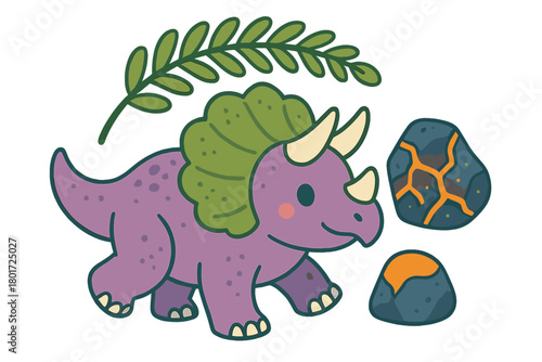 Cute purple Triceratops dinosaur walking alongside prehistoric fern leaf and volcanic rocks