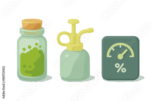 Stylized 3D icons set featuring a corked jar, plant mister, and percentage gauge meter