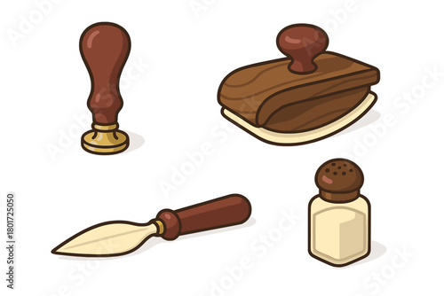 Vintage desk accessories set including wax seal stamp, rocking blotter, and letter opener