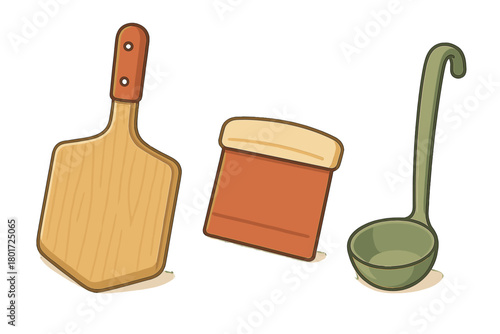 Essential kitchen utensils including wooden pizza peel, dough scraper, and green soup ladle