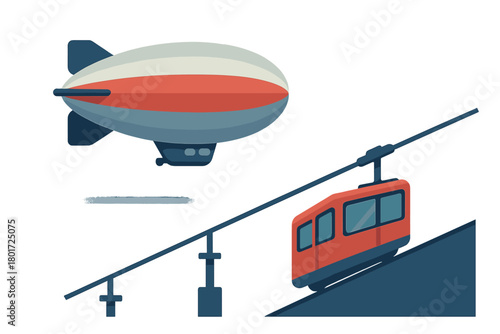 Vintage airship blimp flying over a funicular cable car ascending a steep mountain slope
