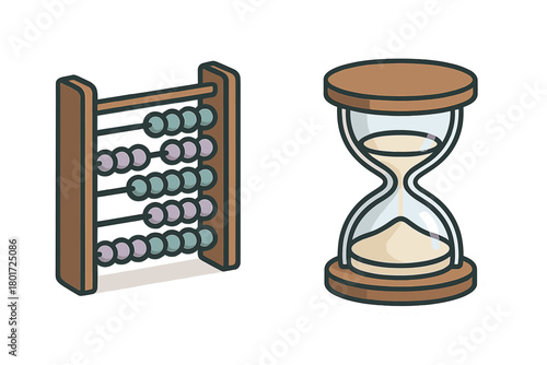 Traditional wooden abacus and classic sand hourglass icon representing calculation and time management