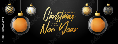 ping pong Christmas and New Year greeting banner. Merry Christmas golden greeting card with glass xmas ball as a bauble on black background. Vector illustration sport modern banner
