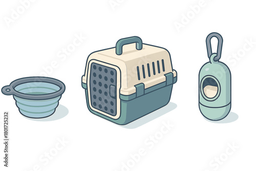 Portable pet carrier, collapsible feeding bowl, and waste bag dispenser set for animal care