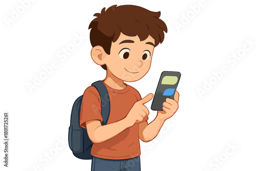 Young student boy smiling while using a smartphone and wearing a backpack