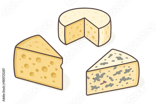 Gourmet assortment of dairy products including Swiss, blue cheese, and soft wheel varieties