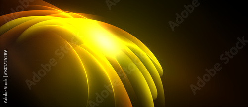 Bright yellow abstract form radiates light. Curved layers create dynamic visual impact against dark background. Warm tones dominate composition.