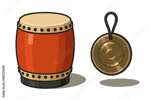 Traditional red drum and small golden gong set of Asian musical instruments