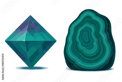 Polished faceted gemstone and natural banded mineral slice isolated on white