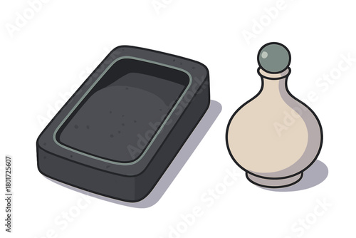 Traditional Asian calligraphy tools including an inkstone and a water dropper bottle