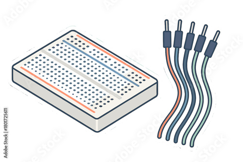 Solderless breadboard and multiple colored jumper cables for electronic circuit prototyping