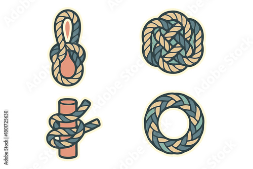 Set of four stylized nautical rope knots and braided designs in vintage sticker style