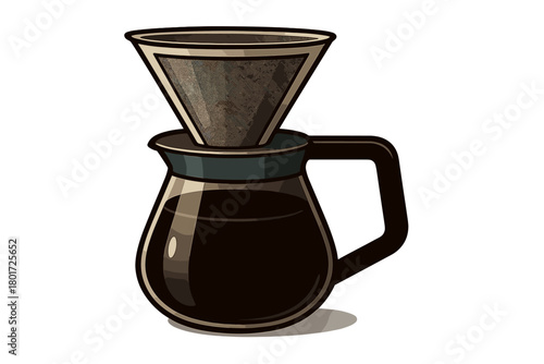 Traditional manual coffee brewing equipment featuring a glass carafe and metal mesh filter
