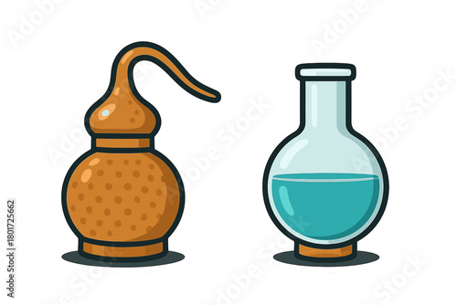 Traditional alembic still and round bottom flask filled with blue liquid for chemistry experiments