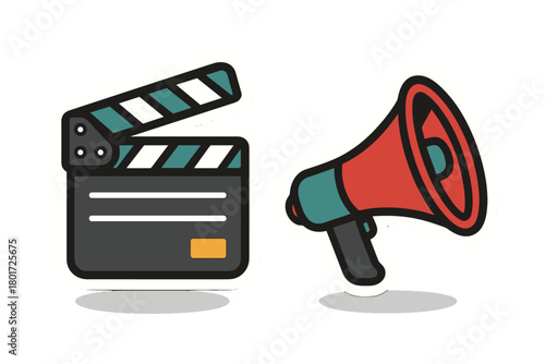 Clapperboard and megaphone symbols for film production and public communication
