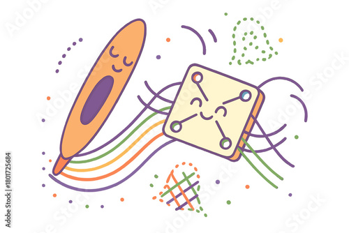 Stylized digital pen and microchip characters connected by colorful abstract lines