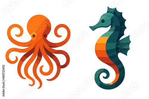 Stylized orange octopus and colorful seahorse swimming together isolated on a white background