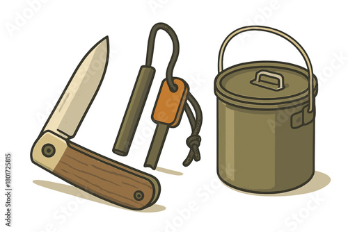 Essential camping survival gear set with folding knife fire starter and cooking pot