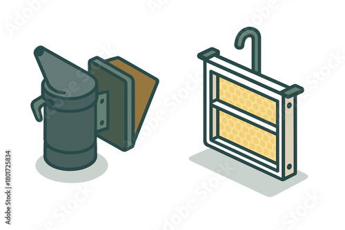 Isometric icons of beekeeping smoker and honey frame equipment