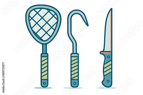 Set of essential tools for fishing and insect catching including net hook and knife