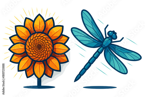 Stylized sunflower bloom and flying blue dragonfly insect design elements