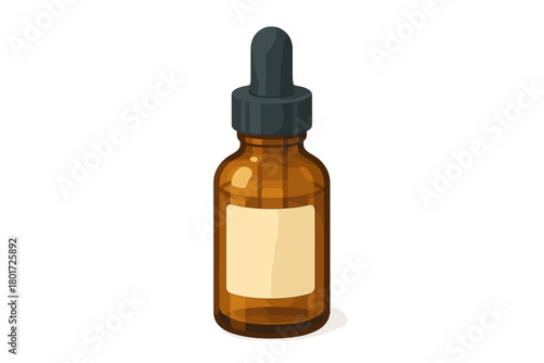 Amber glass dropper bottle with blank label isolated on white background