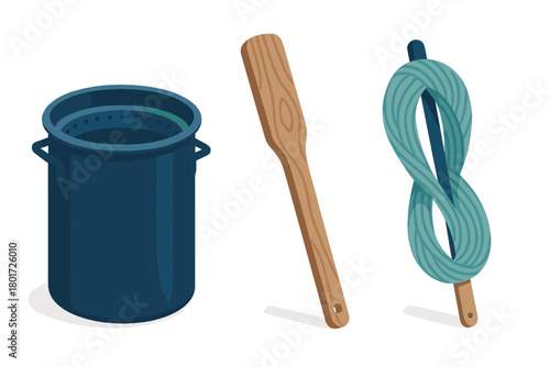 Camping cooking gear set with metal pot wooden utensil and rope knot