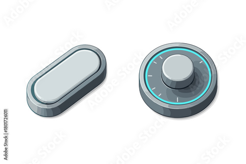 Modern digital control interface elements featuring button and rotary dial