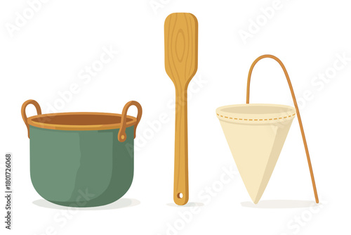 Green cooking pot wooden spoon and reusable cloth coffee filter set