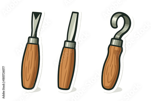 Three wood carving chisels with wooden handles isolated on white background