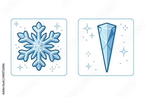 Stylized blue snowflake and ice crystal icons set