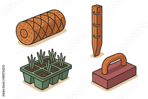 Essential gardening supplies with seedlings, twine roll, wooden stake, and soil tamper