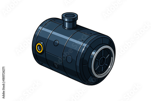 Isometric dark blue futuristic cylindrical module with lens and pipe fitting