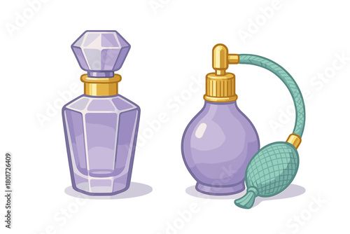 Two purple perfume bottles with gold accents and atomizer bulb