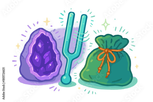 Amethyst geode tuning fork and prosperity pouch set