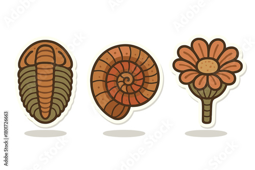 Set of three ancient fossil and plant stickers including trilobite, ammonite, and flower