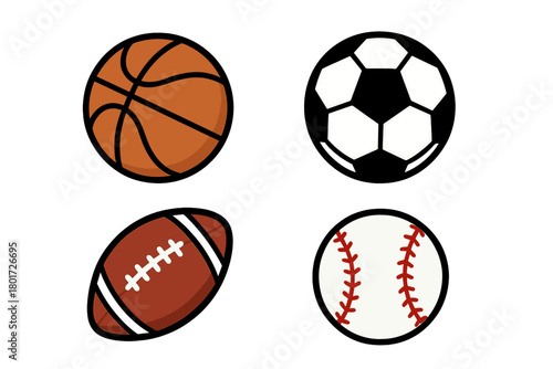 Four major sport balls icons: basketball, soccer, football, and baseball