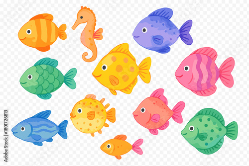 Collection of colorful cartoon tropical fish and seahorse watercolor style
