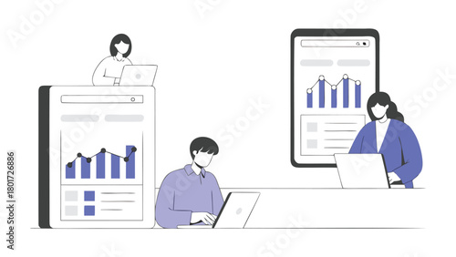 A diverse group of professionals collaborates and communicates effectively using modern technology including smartphones and laptops in a dynamic business environment