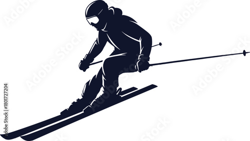 Silhouette of a skier in motion on skis with poles, skier, skiing, silhouette, dark blue, white background, winter sport, action, motion, speed, downhill, snow, mountain, sport, athlete, equipment, sk