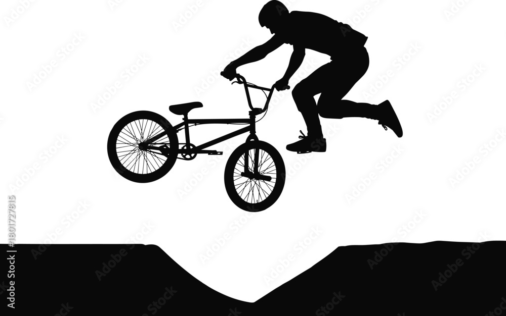 Fototapeta premium Silhouette of B M X rider jumping over a gap bicycle, bmx, bicycle, bike, rider, silhouette, jumping, trick, extreme sport, action, sports, jump, gap, ramp, dirt, outdoor, movement, dynamic, athletic,